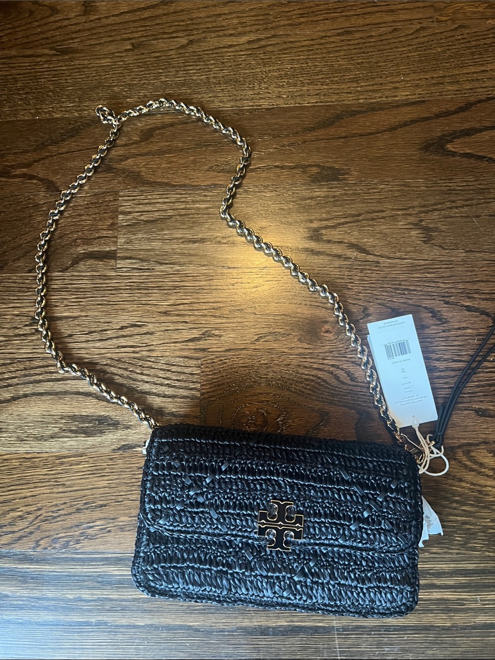 Tory Burch Black Woven Crossbody with Gold Chain